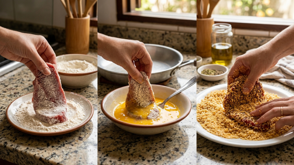 Chefes de cozinha afirmam: “Para a casquinha do bife à milanesa não soltar da carne no óleo, não passe o bife direto no ovo batido, mas empane primeiro em uma camada fina de farinha de trigo, depois no ovo e, por fim, pressione firmemente na farinha de rosca.”