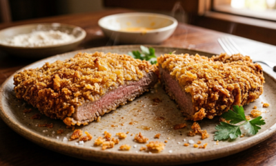 Chefes de cozinha afirmam: “Para a casquinha do bife à milanesa não soltar da carne no óleo, não passe o bife direto no ovo batido, mas empane primeiro em uma camada fina de farinha de trigo, depois no ovo e, por fim, pressione firmemente na farinha de rosca.”