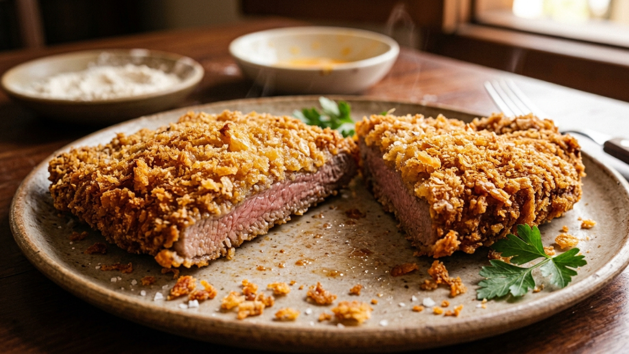 Chefes de cozinha afirmam: “Para a casquinha do bife à milanesa não soltar da carne no óleo, não passe o bife direto no ovo batido, mas empane primeiro em uma camada fina de farinha de trigo, depois no ovo e, por fim, pressione firmemente na farinha de rosca.”