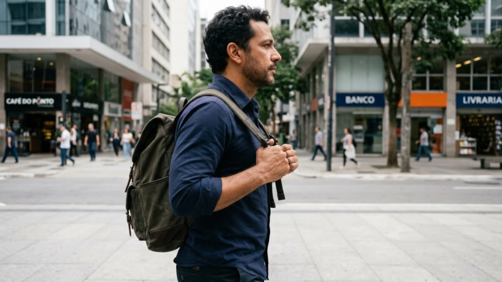 Especialistas afirmam: “Quem anda pela rua segurando firme as alças da mochila não é inseguro, mas adota uma postura corporal de autoproteção para enfrentar a multidão”