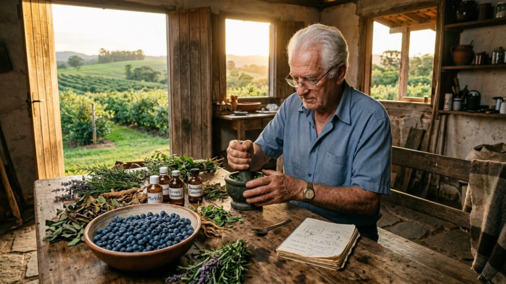 Aos 75 anos, ex-médico cirurgião abandonou carreira e vive há 25 anos em pequeno sítio de 4 hectares onde cultiva 500 pés de mirtilo e produz os próprios remédios