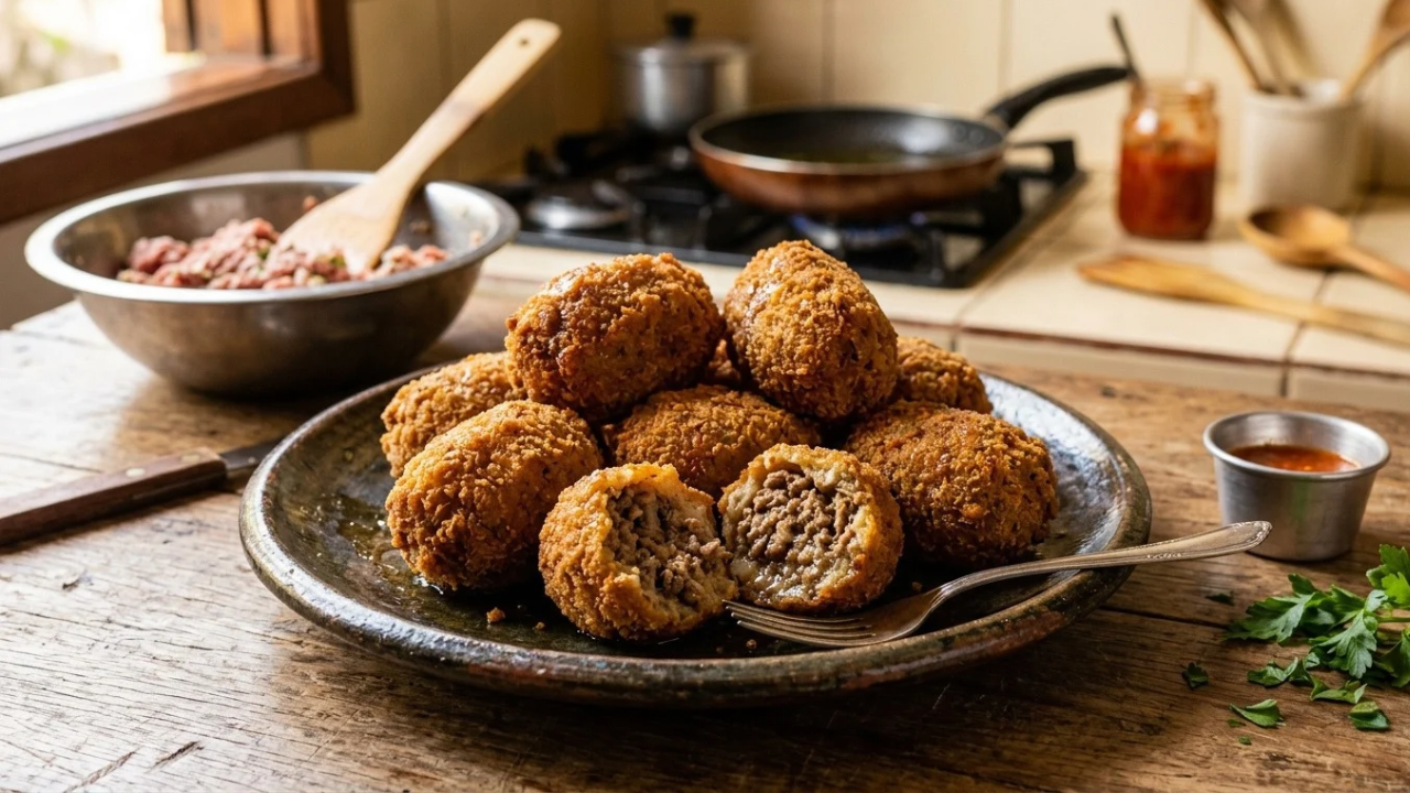 Chefes de cozinha afirmam: “Para o bolinho de carne moída não desmanchar ao tocar no óleo quente, não use apenas ovo para dar liga, mas adicione 2 fatias de pão de forma umedecidas no leite e amasse bem com as mãos por 3 minutos antes de enrolar.”