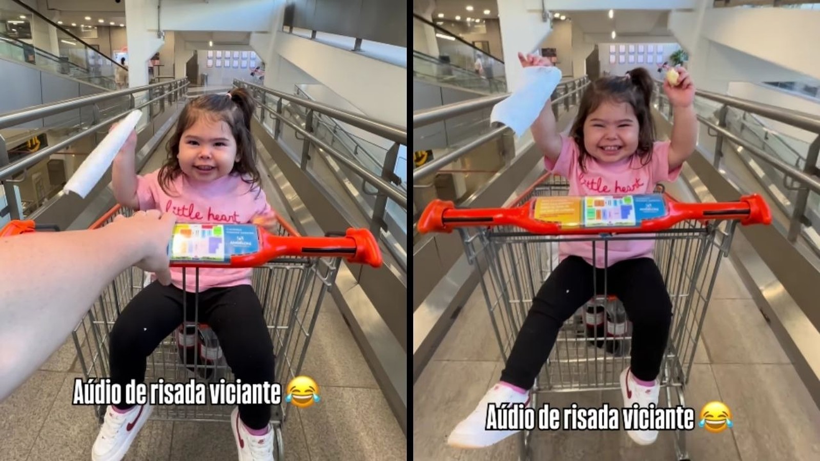 Menina sorridente em carrinho de compras, com mãos erguidas em duas cenas. Texto 'Áudio de risada viciante'