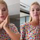 Díptico: Virginia Fonseca, loira, com camiseta colorida de corações, toca o rosto indicando dor