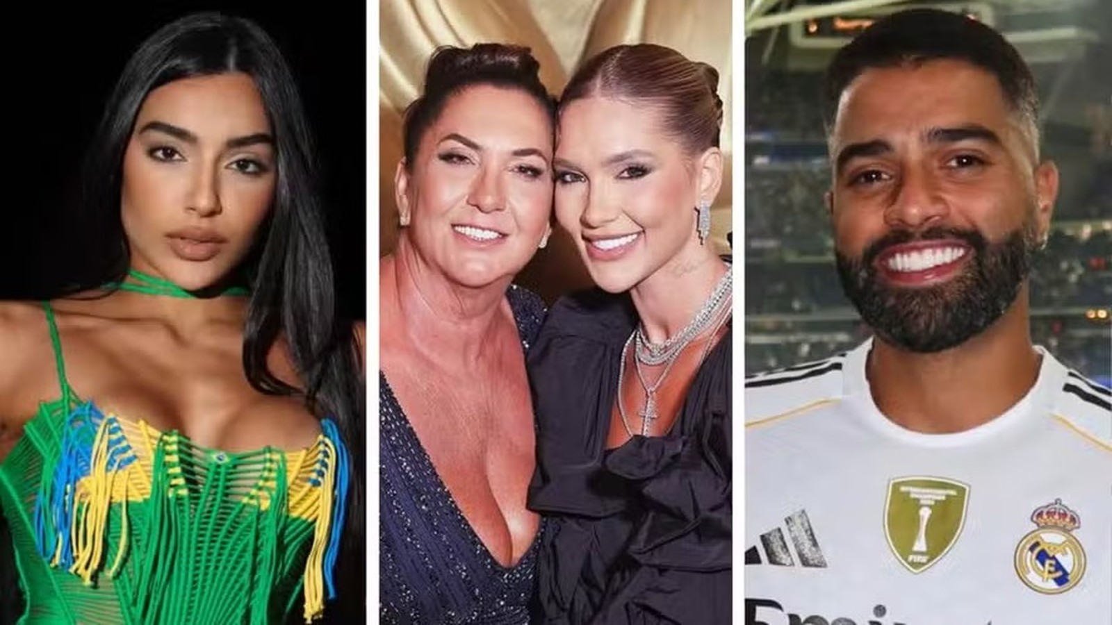 Mulher em top verde, Margareth e Virginia Fonseca, jogador Vini Jr. sorrindo.