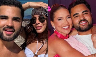 Duas fotos lado a lado: Lucas Guedez com Anitta na praia e com Virginia Fonseca em evento