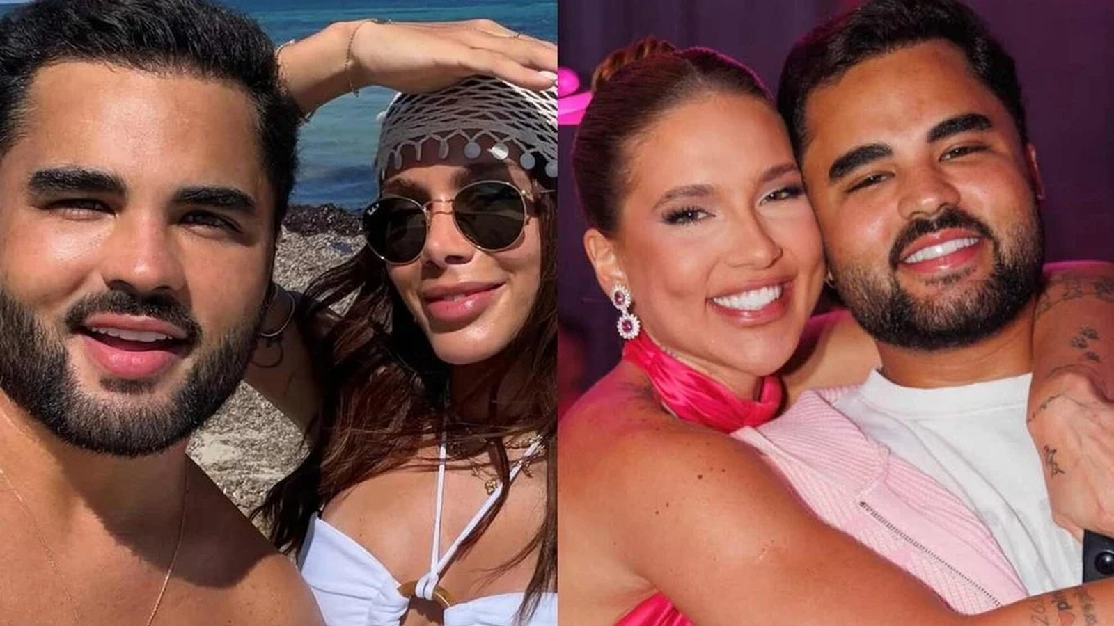 Duas fotos lado a lado: Lucas Guedez com Anitta na praia e com Virginia Fonseca em evento