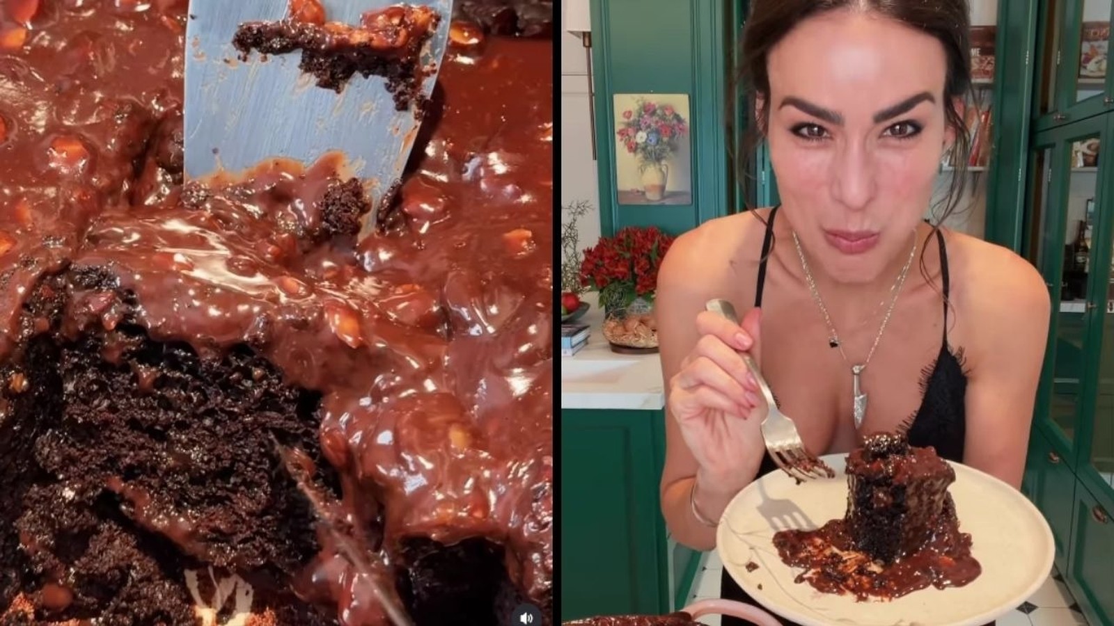Chef Heaven Delhaye saboreia bolo de chocolate com ganache, ao lado da receita recém-preparada