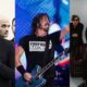 Bandas de rock: grupo de homens, Dave Grohl em palco e outro grupo de homens em jaquetas.