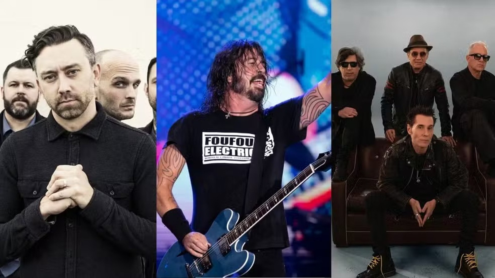 Bandas de rock: grupo de homens, Dave Grohl em palco e outro grupo de homens em jaquetas.