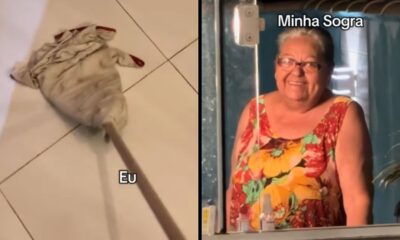 Mop em piso branco com texto 'Eu' e mulher idosa sorrindo com 'Minha Sogra' ao lado