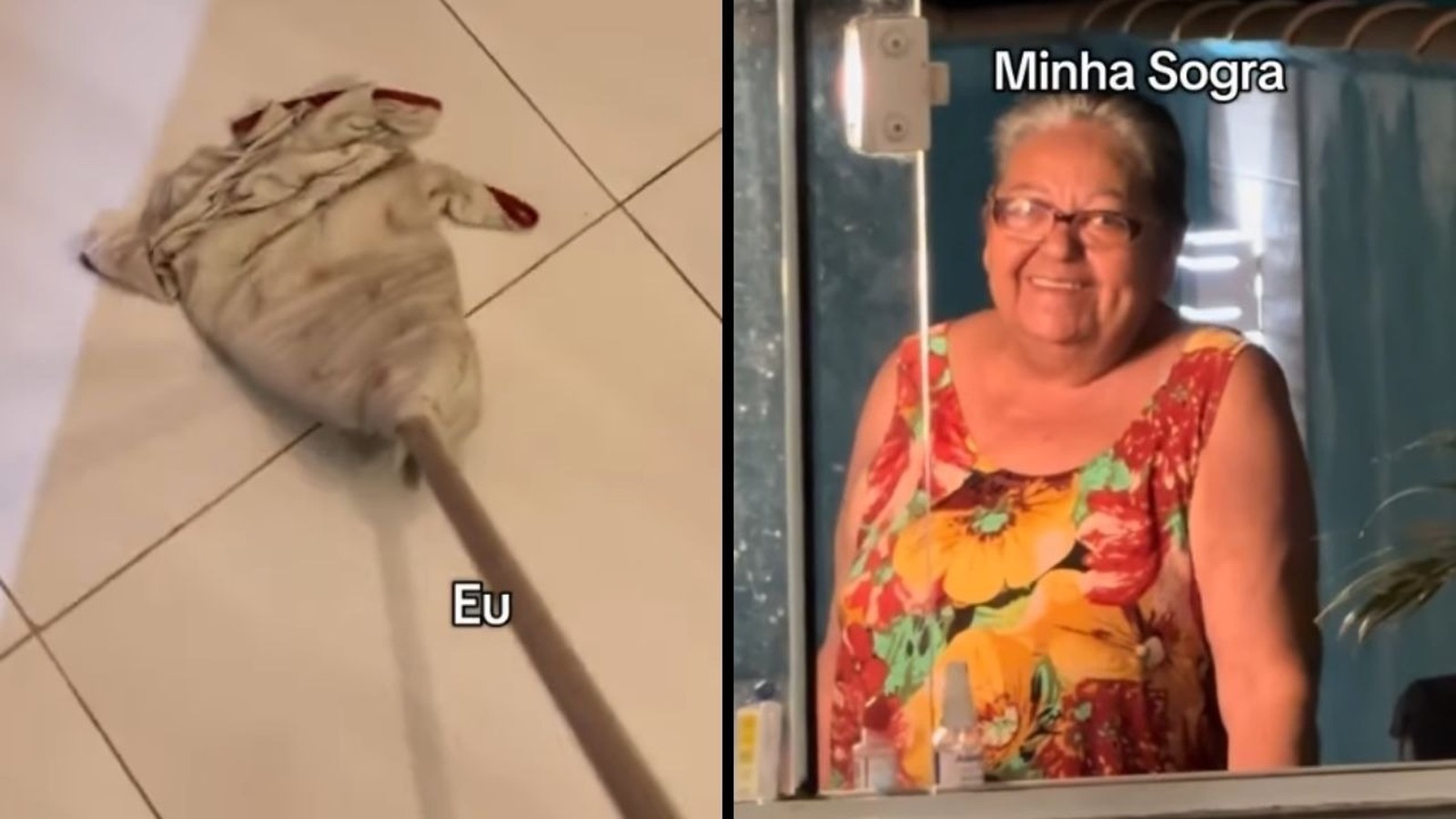 Mop em piso branco com texto 'Eu' e mulher idosa sorrindo com 'Minha Sogra' ao lado