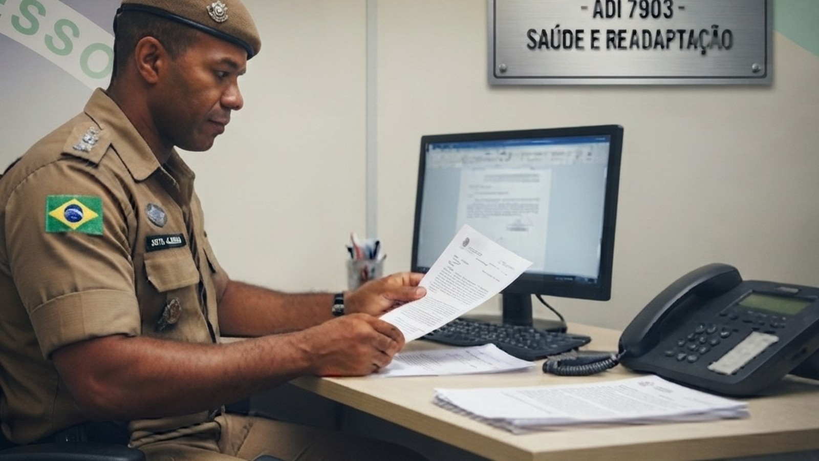 Oficial militar de uniforme lendo papéis em uma mesa com computador e placa 'ADI 7903'