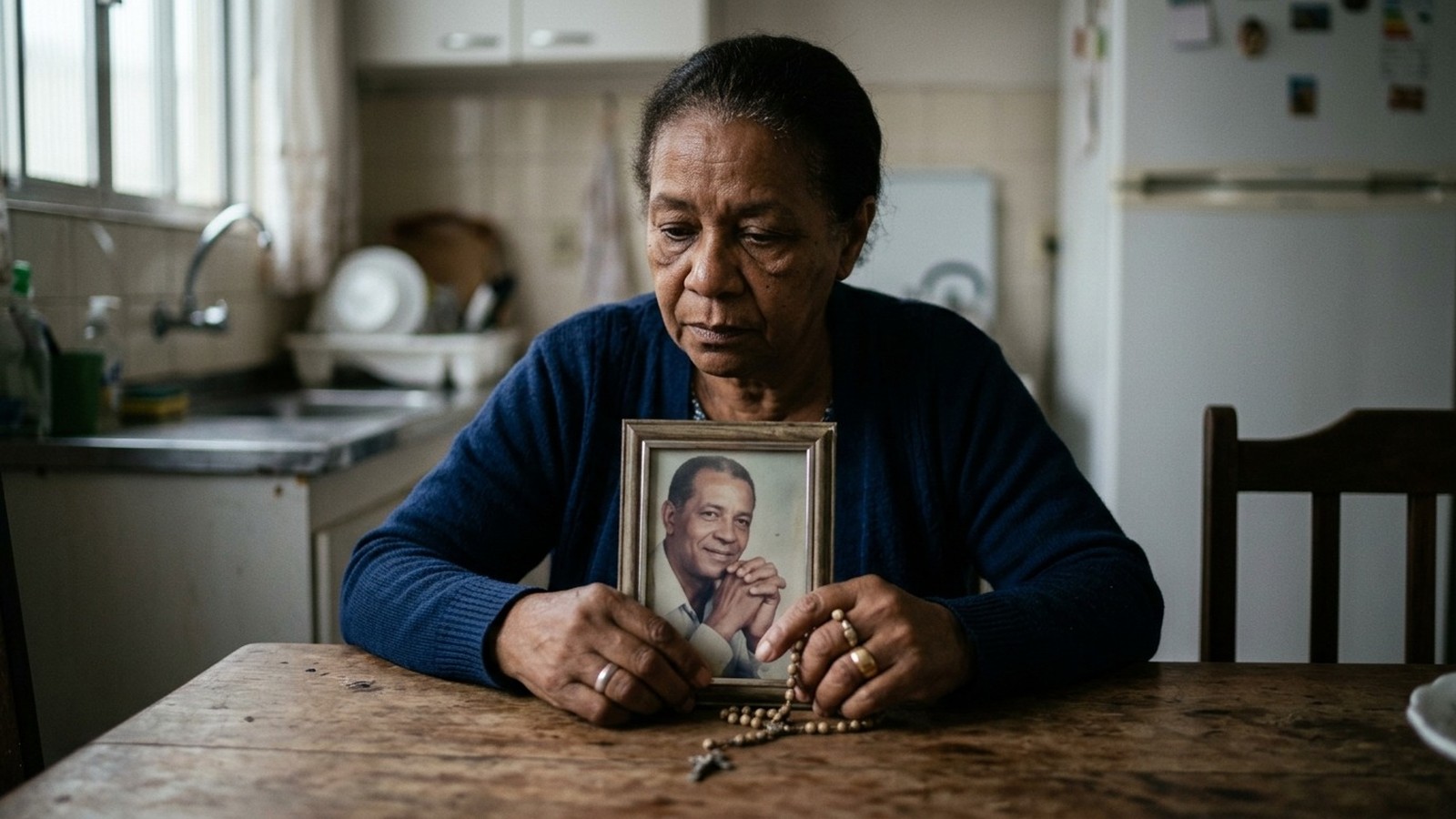 Mulher idosa segura foto de homem e terço, com expressão de profunda tristeza
