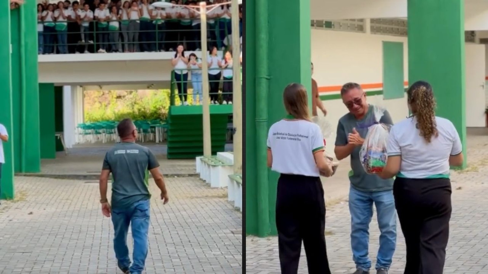 Motorista sorri emocionado recebendo presentes de alunas enquanto estudantes aplaudem em escola