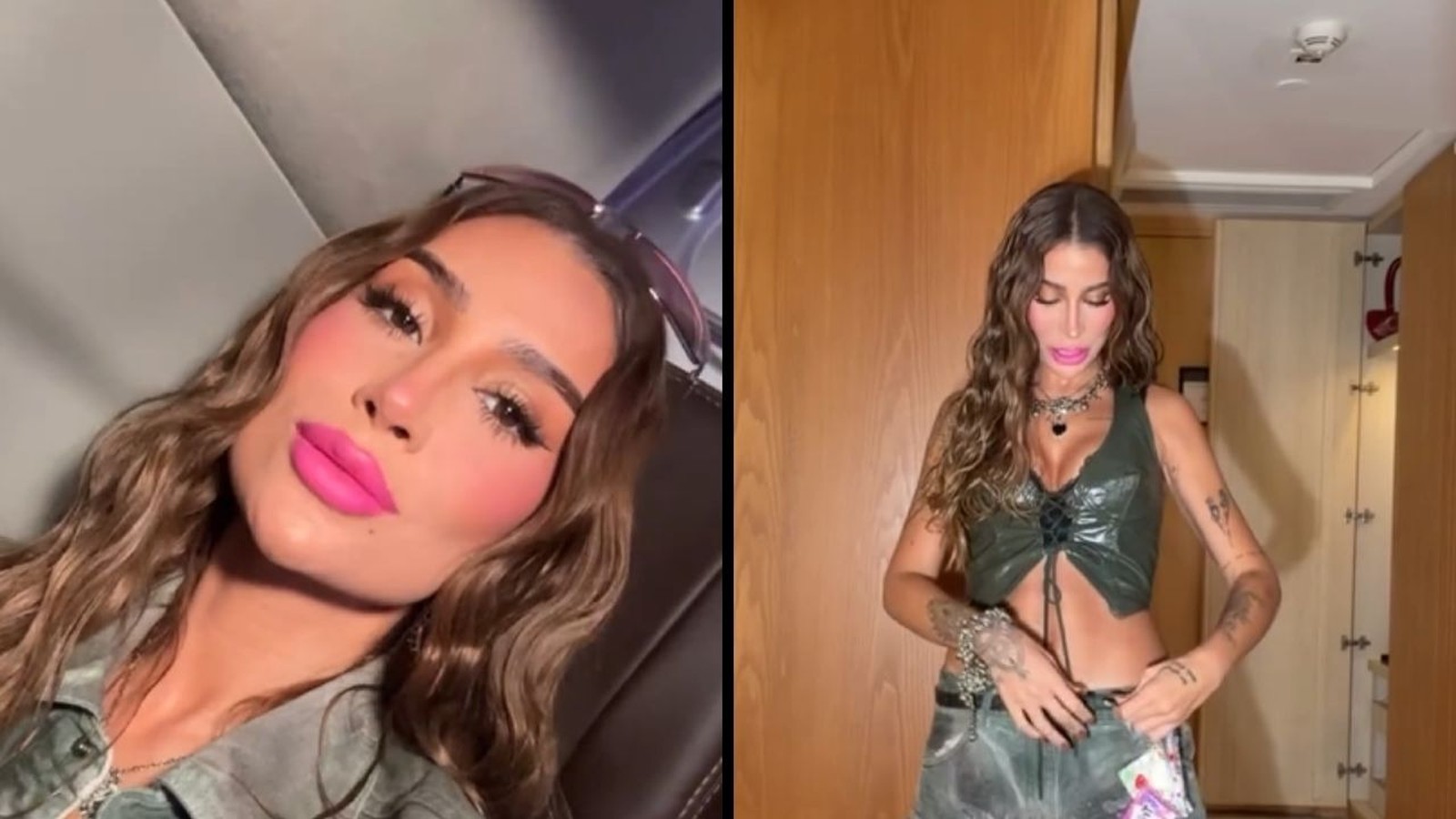 Mulher (Bianca Andrade) em split, selfie com maquiagem rosa e corpo em top verde ajustando calça