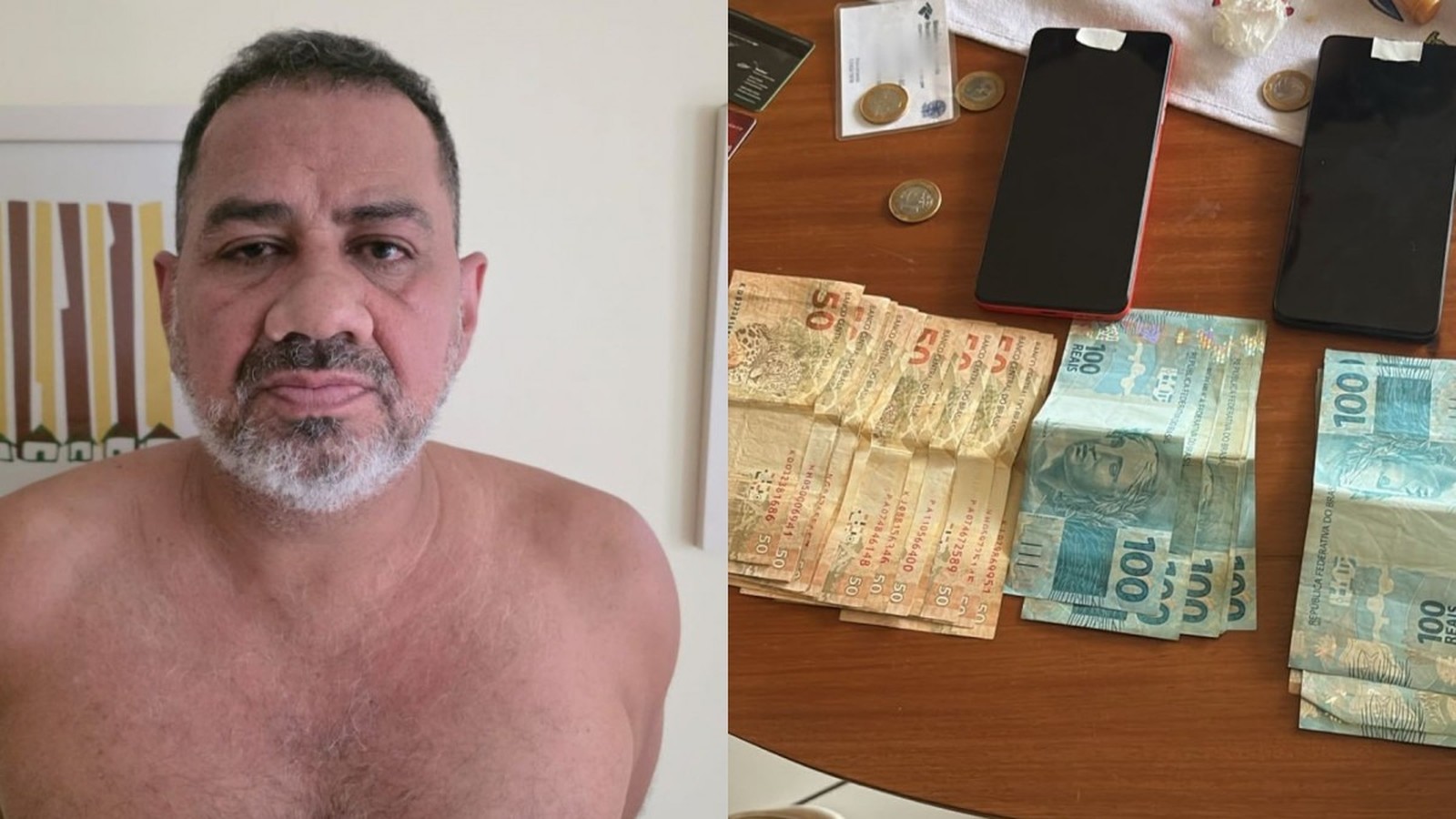 Homem sem camisa, dinheiro em notas de cinquenta e cem reais, celulares, moedas e documentos