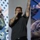 Três músicos masculinos tatuados no palco: um guitarrista e dois vocalistas cantando