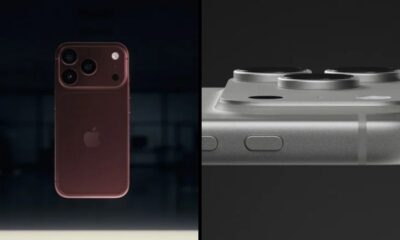 Dois modelos de iPhone 18 Pro: um vermelho-cereja traseiro e um cinza detalhe da câmera lateral