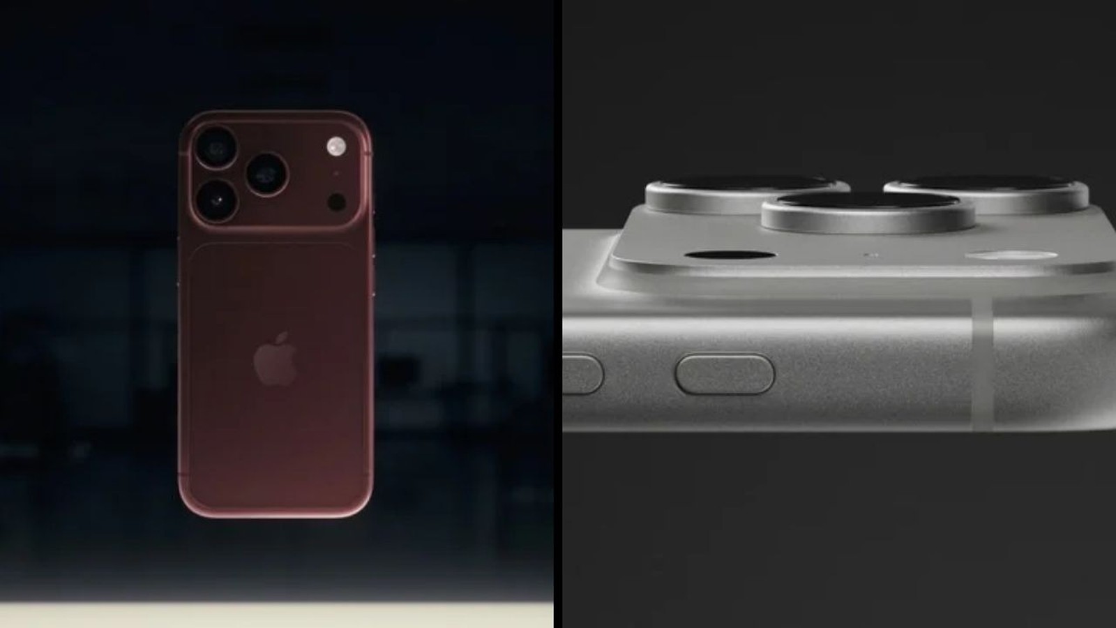 Dois modelos de iPhone 18 Pro: um vermelho-cereja traseiro e um cinza detalhe da câmera lateral