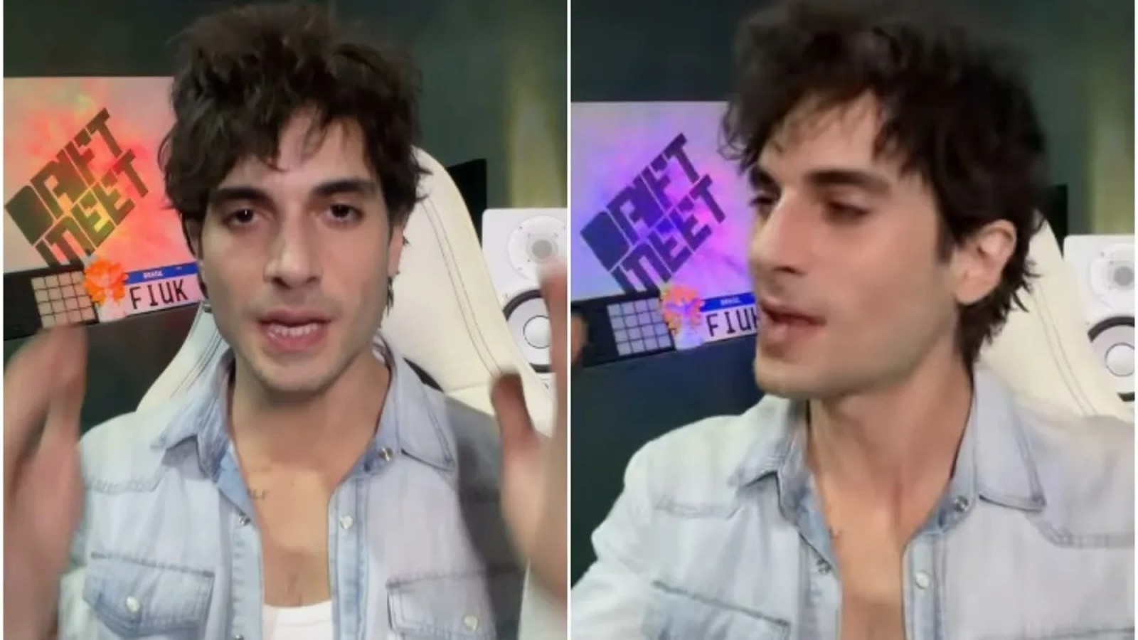 Fiuk em vídeo, cabelo castanho, camisa jeans, gesticulando. Ao fundo, placa 'FIUK' e 'DRIFT MEET'
