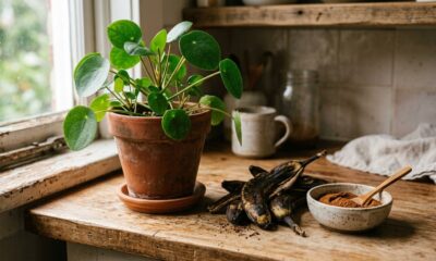 Planta em vaso de barro, cascas de banana e tigela com canela em pó na bancada