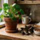 Planta em vaso de barro, cascas de banana e tigela com canela em pó na bancada