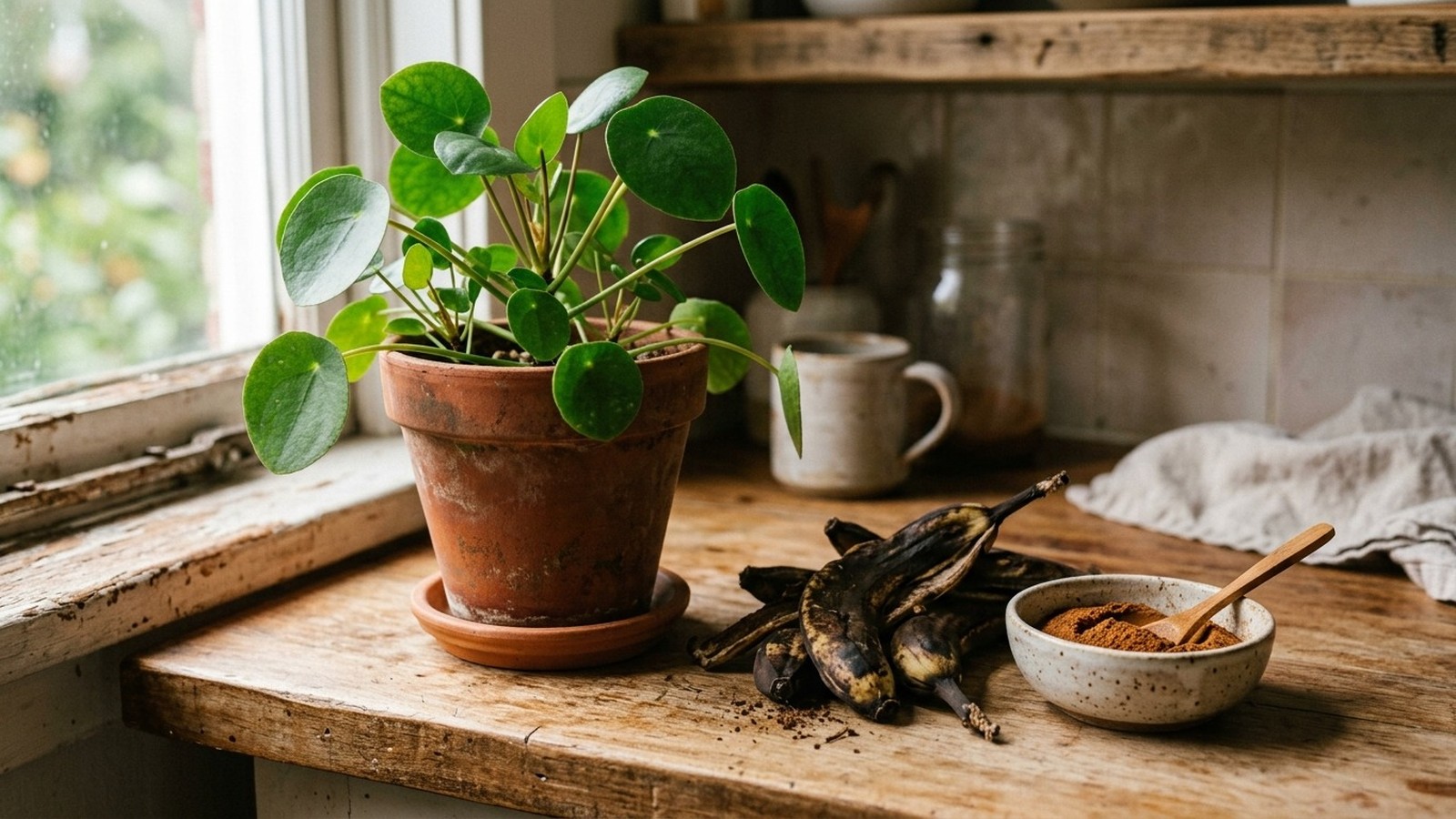 Planta em vaso de barro, cascas de banana e tigela com canela em pó na bancada