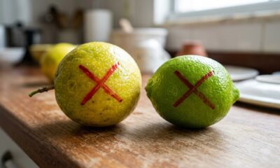 Duas frutas, uma amarela e uma verde, ambas com X vermelho, sobre um balcão de madeira