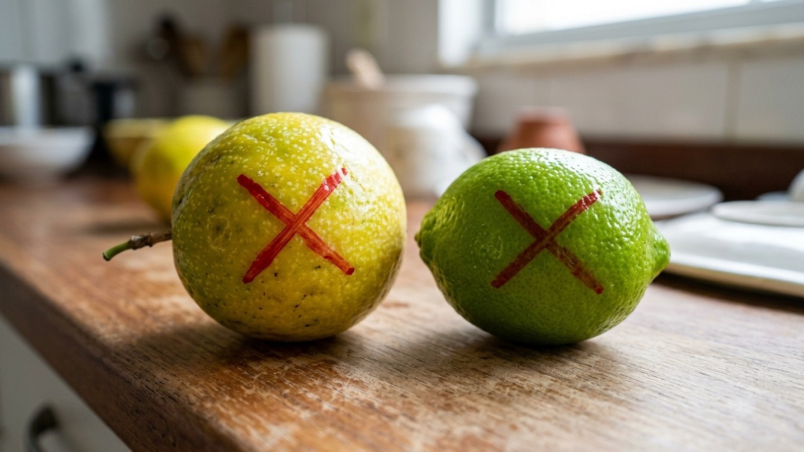 Duas frutas, uma amarela e uma verde, ambas com X vermelho, sobre um balcão de madeira