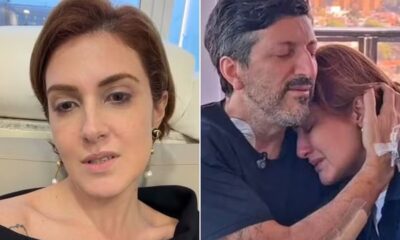 Díptico: mulher com cabelo curto à esquerda; à direita, mulher chora abraçada a homem barbudo