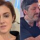 Díptico: mulher com cabelo curto à esquerda; à direita, mulher chora abraçada a homem barbudo