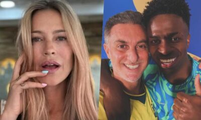 Luana Piovani, Luciano Huck e Vini Jr. sorrindo, com um polegar para cima