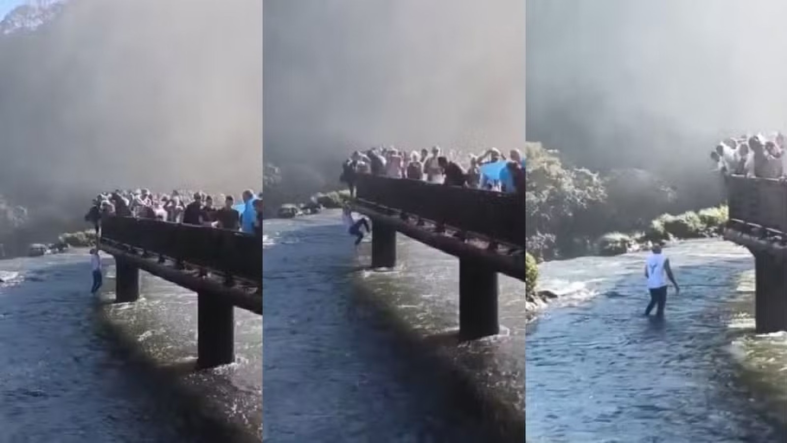 Homem pula passarela e entra nas águas das Cataratas, com multidão observando