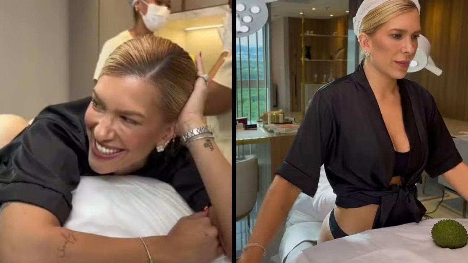 Lore Improta em imagem dividida, sorrindo deitada e em pé com roupão em clínica