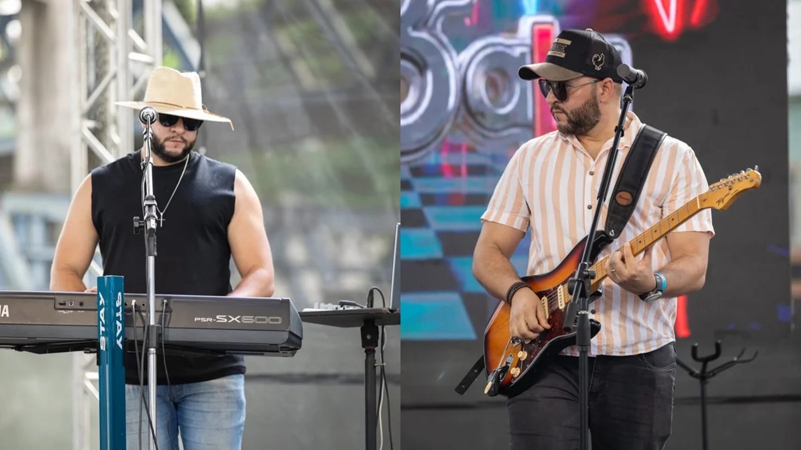 Dois músicos no palco, um tocando teclado, outro guitarra elétrica, durante apresentação