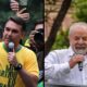 Flávio Bolsonaro, camisa amarela "MEU PARTIDO É O BRASIL", Lula, camisa branca. Ambos com microfone
