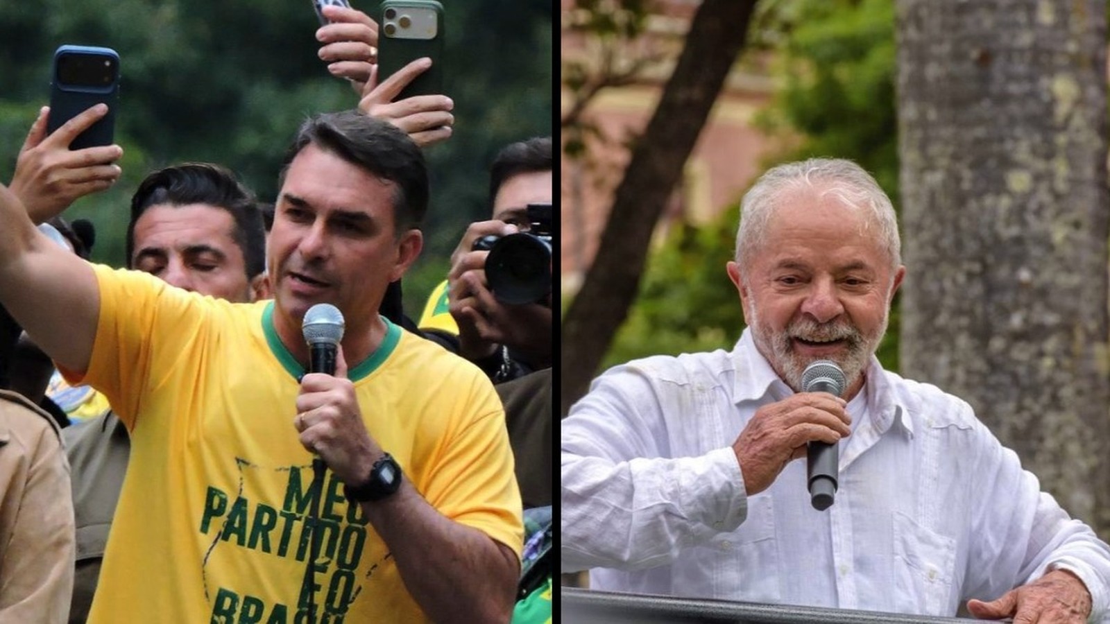Flávio Bolsonaro, camisa amarela "MEU PARTIDO É O BRASIL", Lula, camisa branca. Ambos com microfone