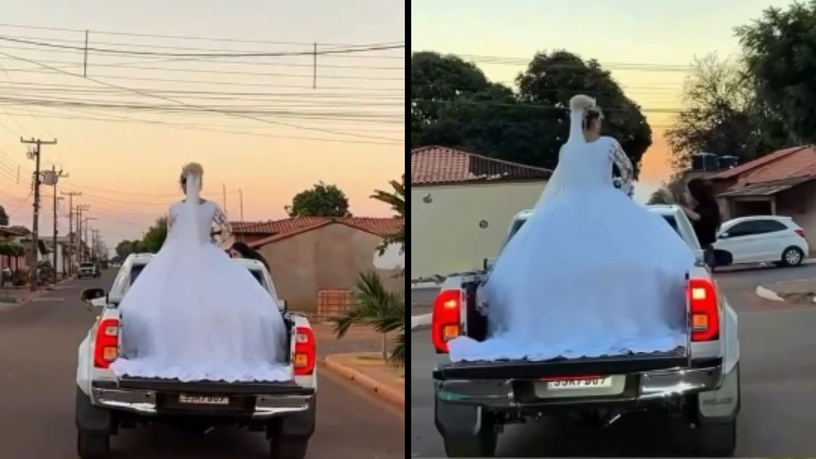 Noiva de vestido branco volumoso na caçamba de caminhonete em rua ao pôr do sol