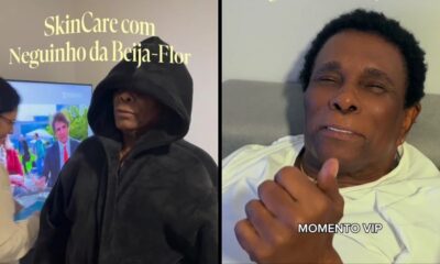 Díptico com Neguinho da Beija-Flor: à esquerda, em skincare; à direita, relaxado no sofá.