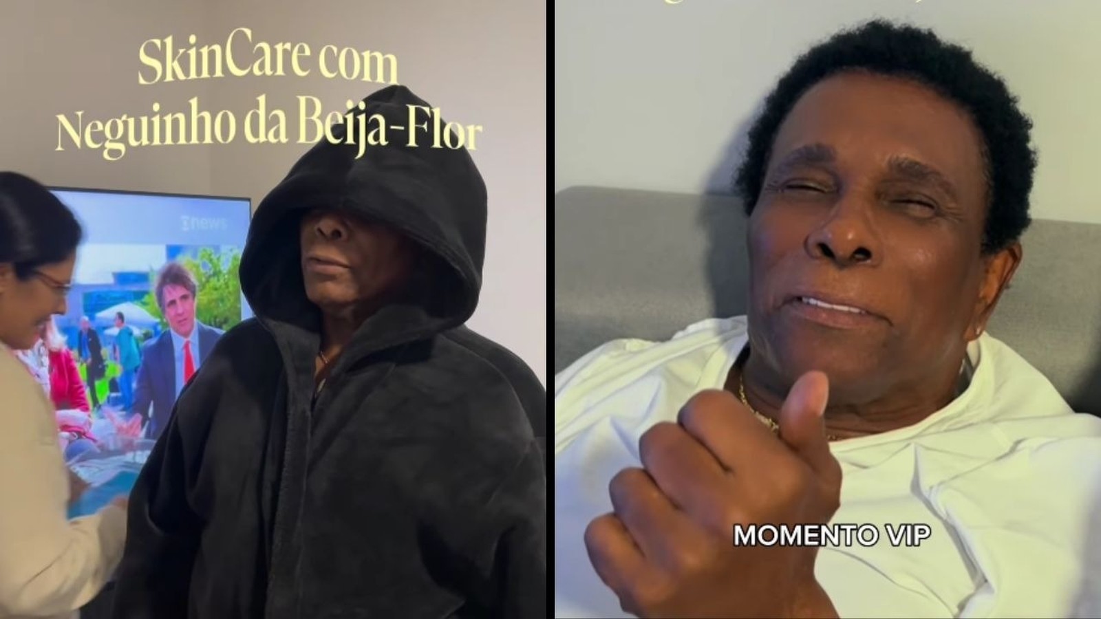 Díptico com Neguinho da Beija-Flor: à esquerda, em skincare; à direita, relaxado no sofá.
