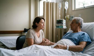 Mulher segura a mão de homem idoso em leito hospitalar com equipamentos médicos