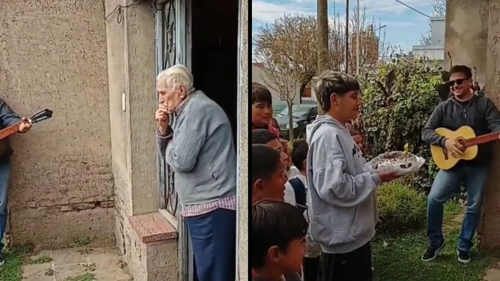 Idoso olha da porta e crianças com bolo e violonista cantam parabéns na rua