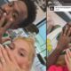 Homem e mulher exibem anéis nas mãos, com detalhes de música “We Are The Champions”