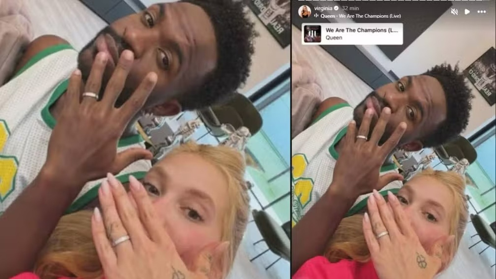Homem e mulher exibem anéis nas mãos, com detalhes de música “We Are The Champions”