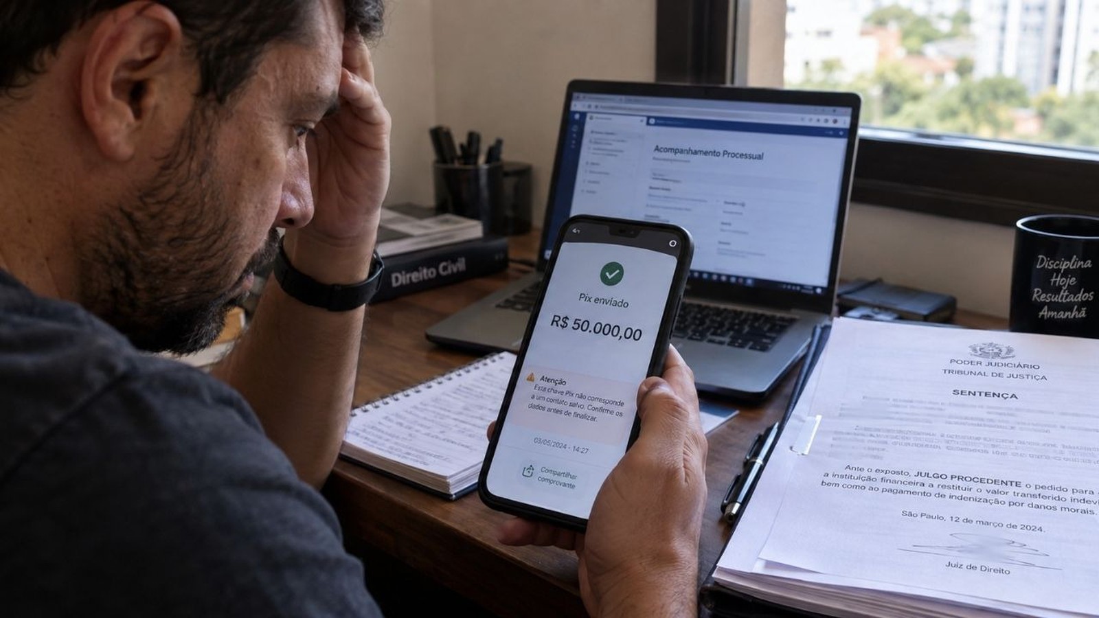 Homem olha celular com Pix de R$ 50 mil enviado e alerta, junto a sentença judicial