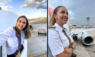 Mulher piloto em uniforme sorri: selfie em cabine, e pose no pátio com avião e torre