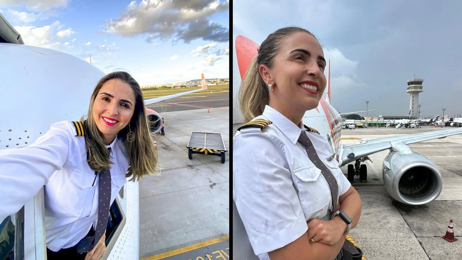 Mulher piloto em uniforme sorri: selfie em cabine, e pose no pátio com avião e torre