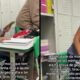 Mulher sorridente, blusa roxa, sentada e em pé, segurando celular, com texto em português