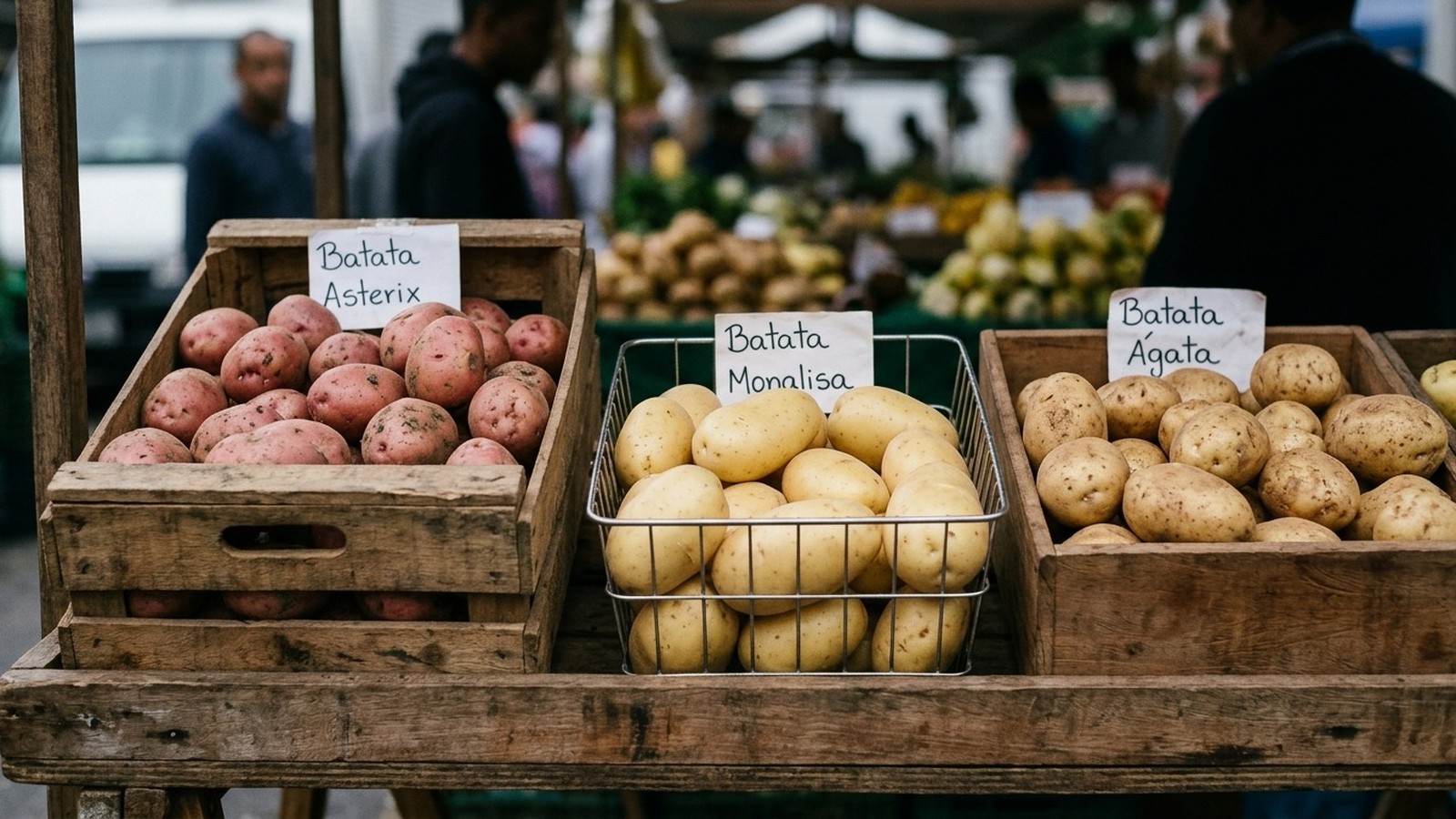 Três caixas de batatas: Asterix rosada, Monalisa amarela e Ágata amarela em feira